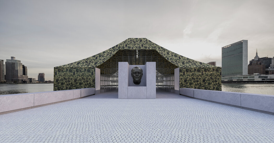 Instalação Ai Weiwei chegando ao Four Liberdades Park na Ilha Roosevelt