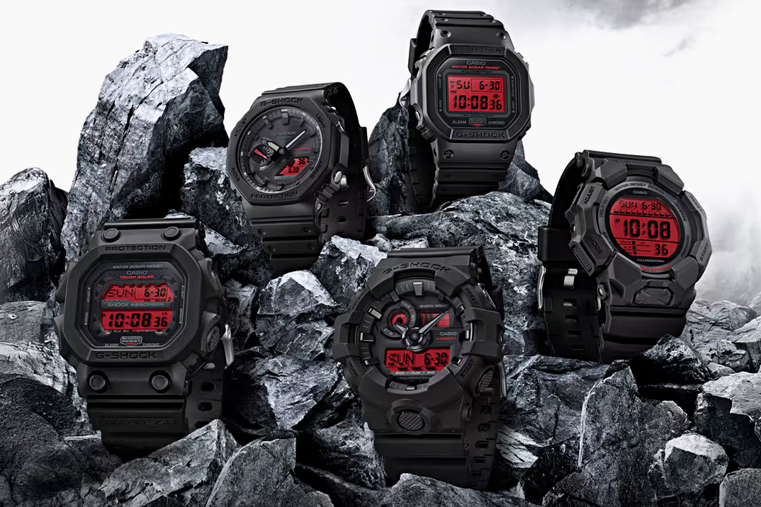G-Shock colocou os LCDs com renda vermelha em cinco de seus relógios para esta série Black & Bold Red