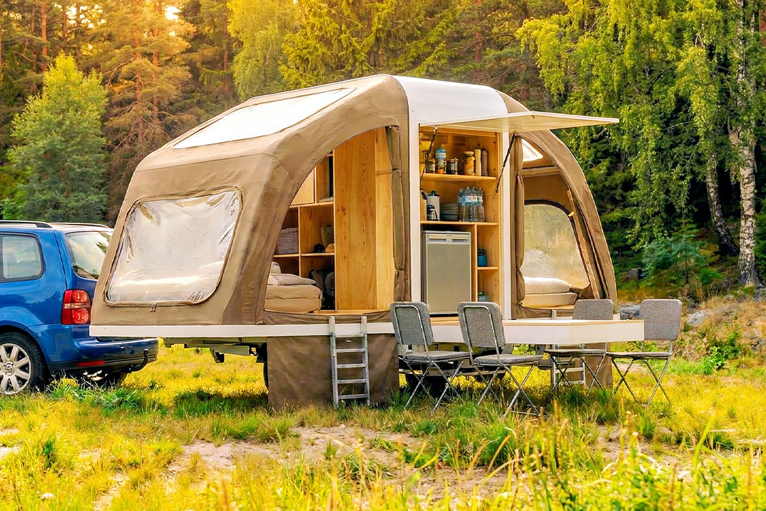 O trailer do Wingcube se desdobra em um trailer de barraca de dois quartos